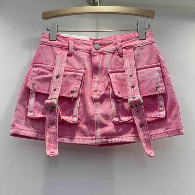 Buckle Strap Denim Cargo Skirt