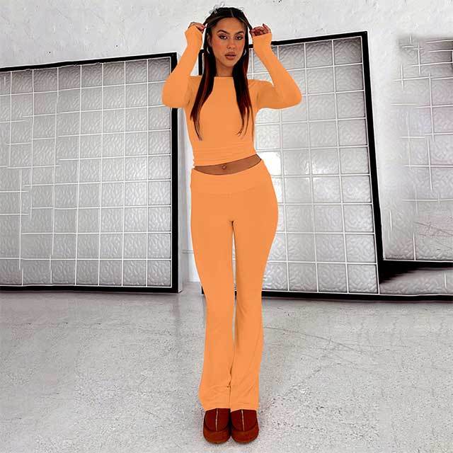 Solid Color Casual O Neck Top Bell Pant Set