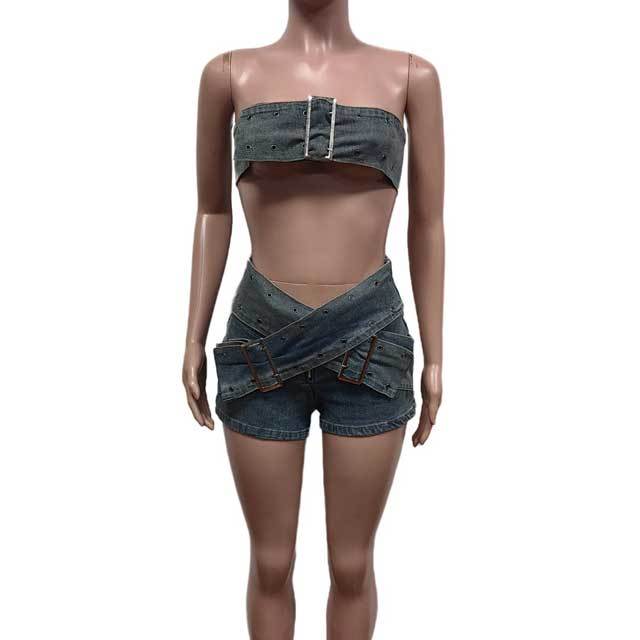 Buckle Strap Denim Tube Top Cargo Short Set