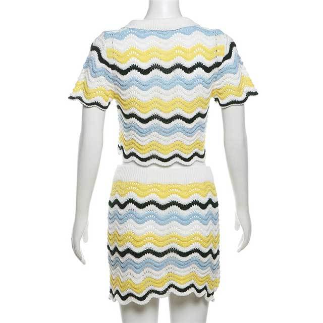 Knit Striped Polo Top Skirt Set