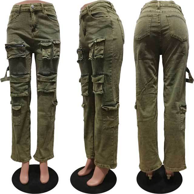 Multi Pockets Distressed Retro Cargo Jeans