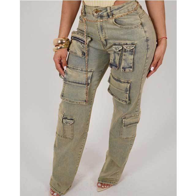 Multi Pockets Distressed Retro Cargo Jeans