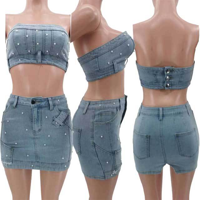 Pearl Denim Tube Top Skirt Set