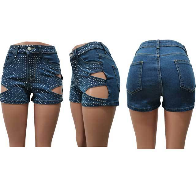 Rhinestones Hollow Out Denim Shorts