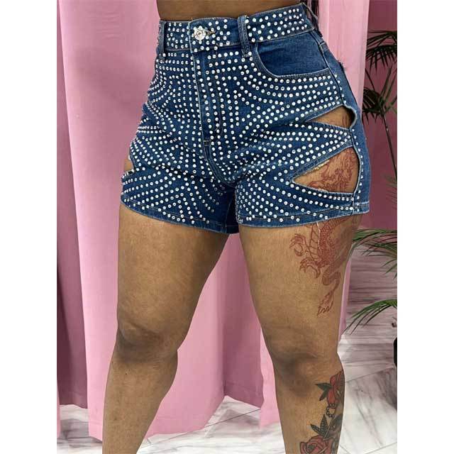 Rhinestones Hollow Out Denim Shorts