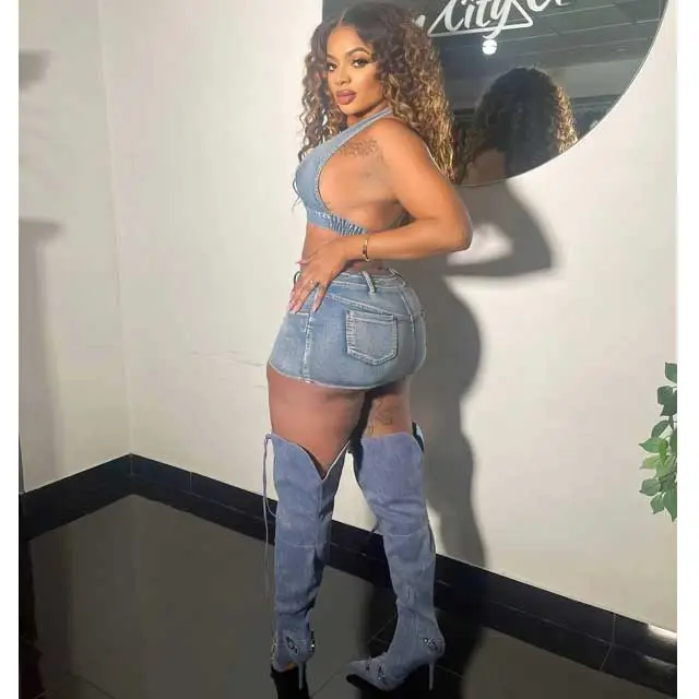 Denim Halter Top Hollow Out Skirt Set