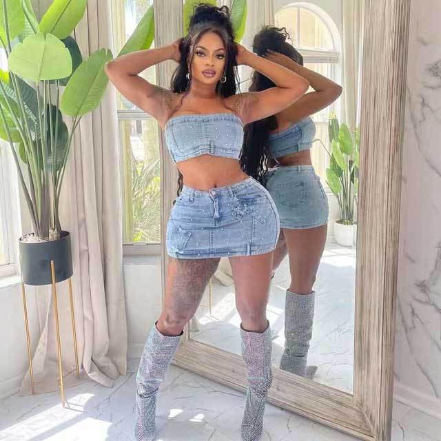 Pearl Denim Tube Top Skirt Set