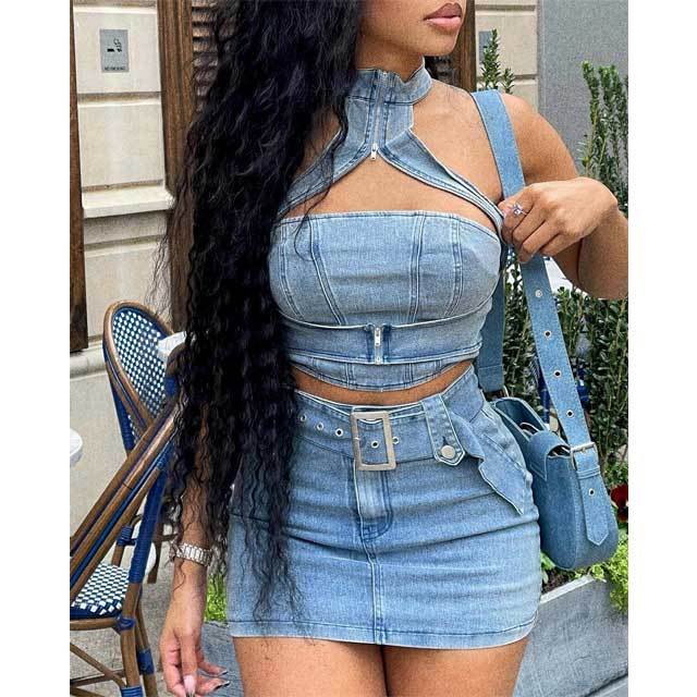 Denim Choker Top Mini Skirt Set