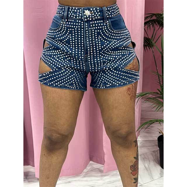 Rhinestones Hollow Out Denim Shorts