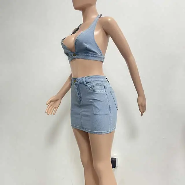 Denim Halter Top Hollow Out Skirt Set