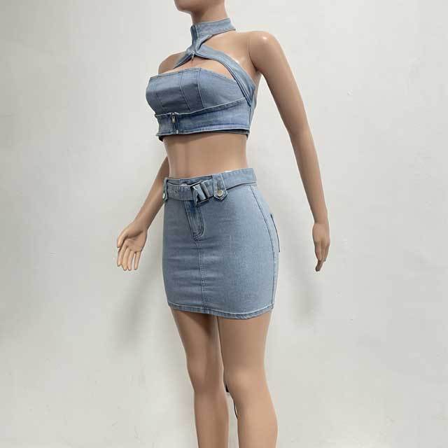 Denim Choker Top Mini Skirt Set