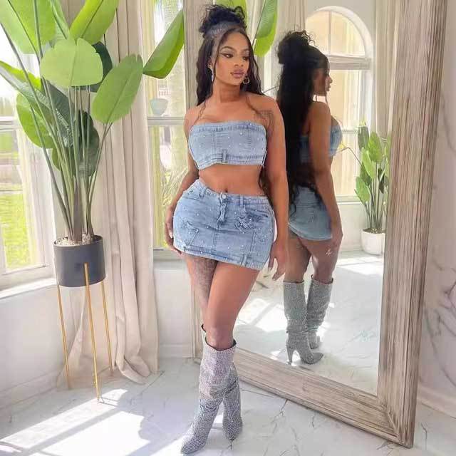 Pearl Denim Tube Top Skirt Set
