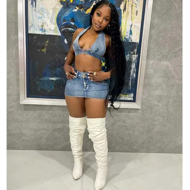 Denim Halter Top Hollow Out Skirt Set