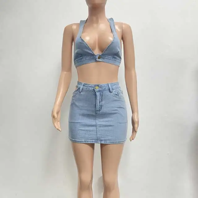 Denim Halter Top Hollow Out Skirt Set