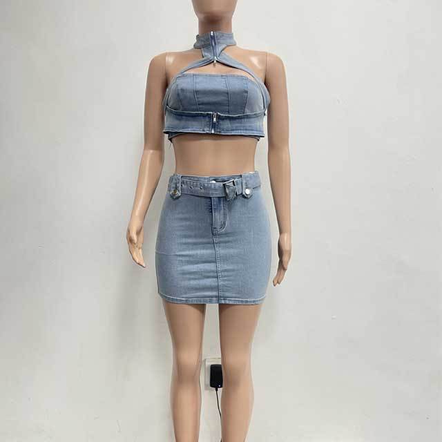 Denim Choker Top Mini Skirt Set