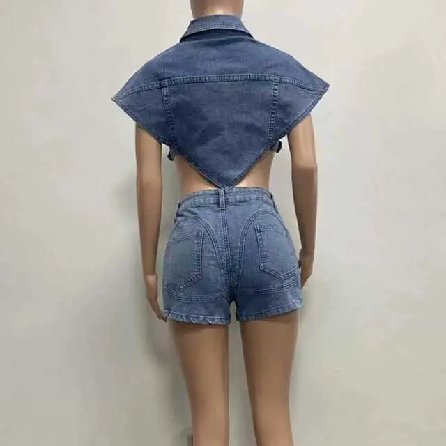 Denim Irregular Jacket Top Short Set