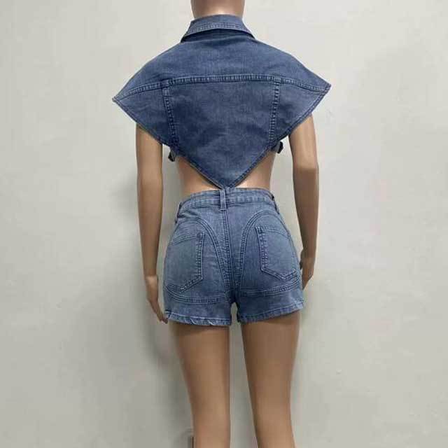 Denim Irregular Jacket Top Short Set