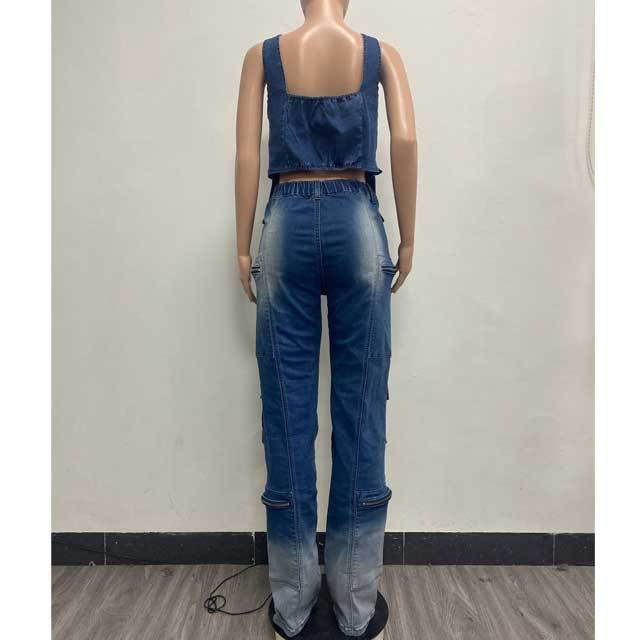 Denim Zipper Vest Top Cargo Jeans Set