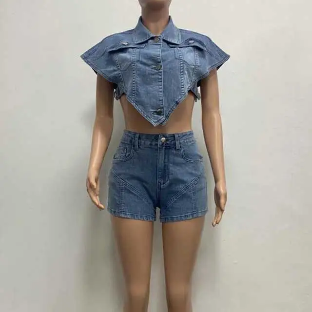 Denim Irregular Jacket Top Short Set
