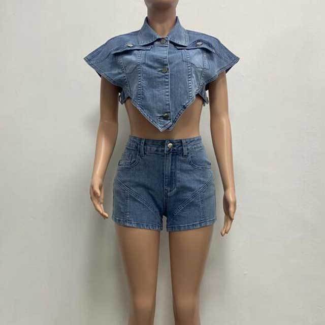 Denim Irregular Jacket Top Short Set