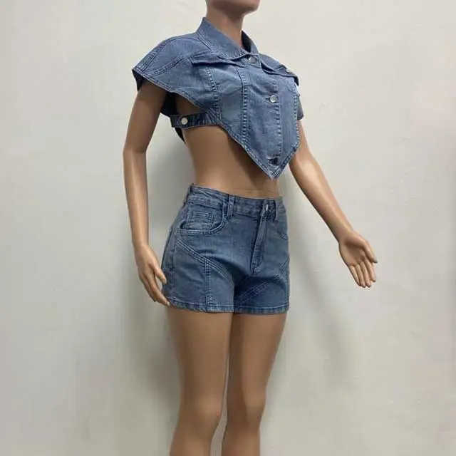 Denim Irregular Jacket Top Short Set