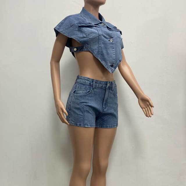 Denim Irregular Jacket Top Short Set