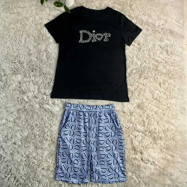 Rhinestones Printed Casual Short Set