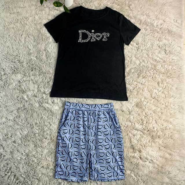 Rhinestones Printed Casual Short Set