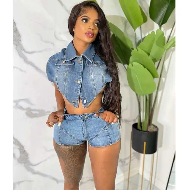 Denim Irregular Jacket Top Short Set
