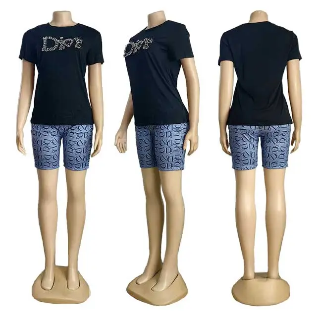 Rhinestones Printed Casual Short Set