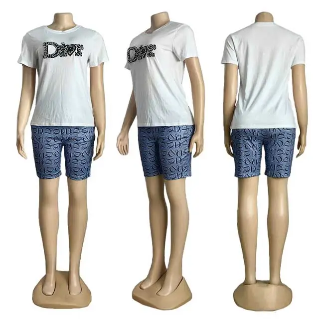Rhinestones Printed Casual Short Set