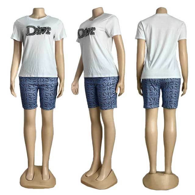 Rhinestones Printed Casual Short Set