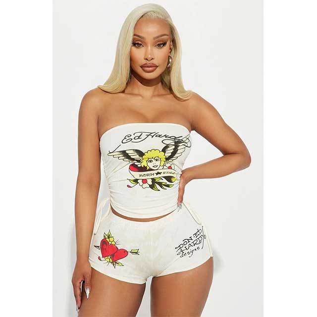 Printed Tube Crop Top Short Set