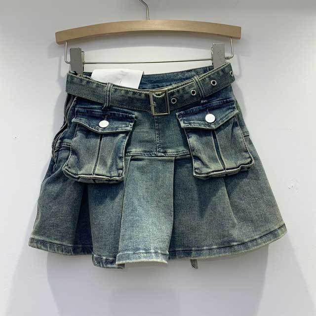 High Waist Vintage Pleated Denim Skirt