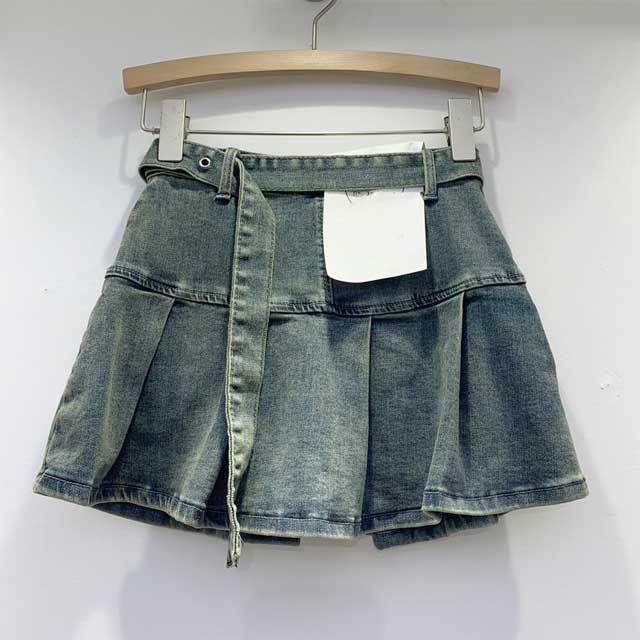 High Waist Vintage Pleated Denim Skirt