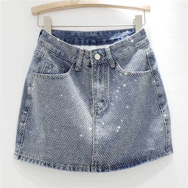 Rhinestones High Waist Denim Mini Skirt