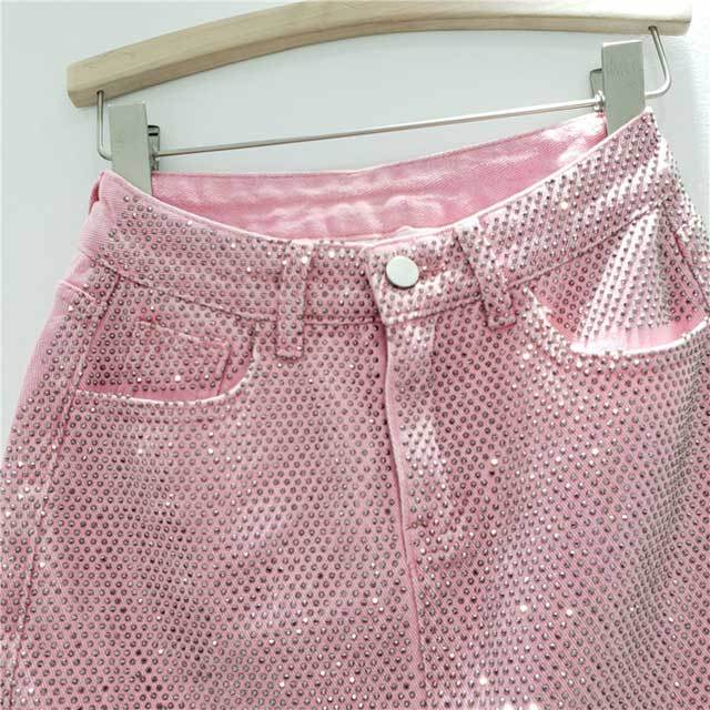 Rhinestones High Waist Denim Mini Skirt