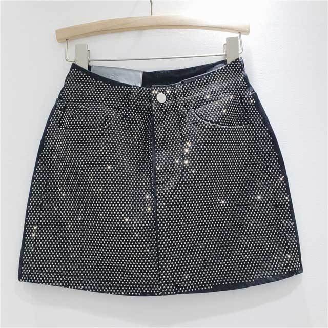 Rhinestones High Waist Denim Mini Skirt