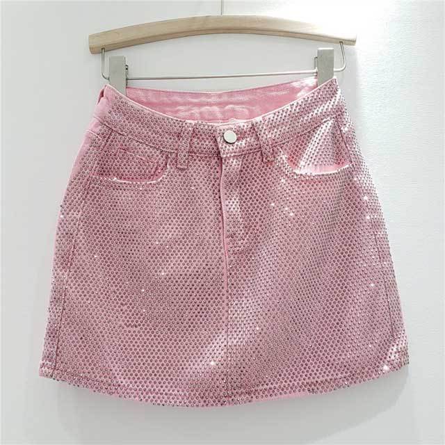 Rhinestones High Waist Denim Mini Skirt