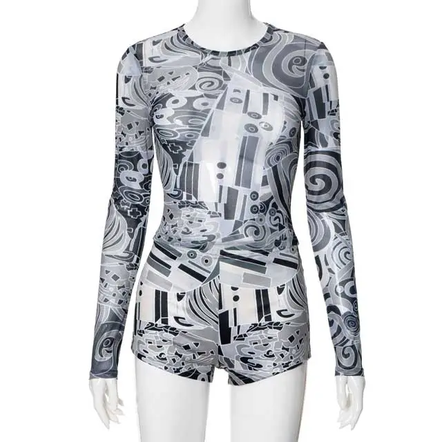 Printed Mesh Top Casual Short Set