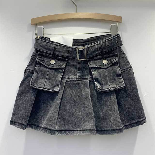 High Waist Vintage Pleated Denim Skirt