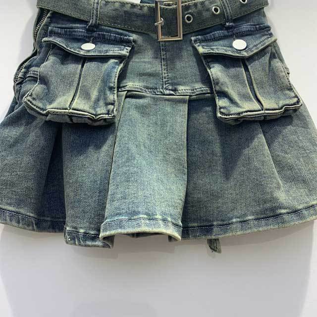 High Waist Vintage Pleated Denim Skirt