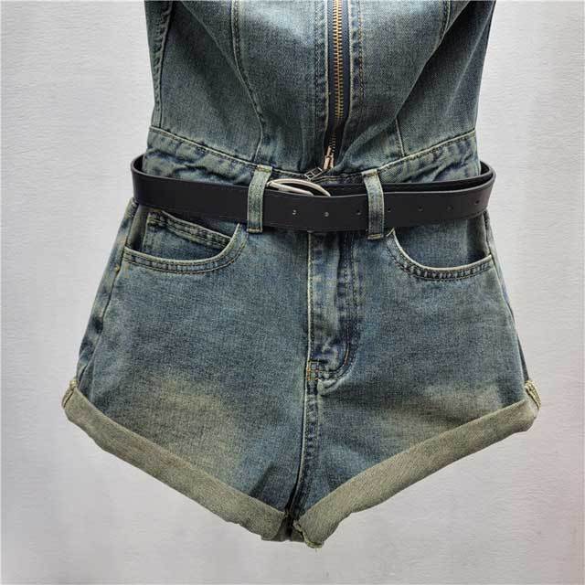 Denim Zipper Halter Romper