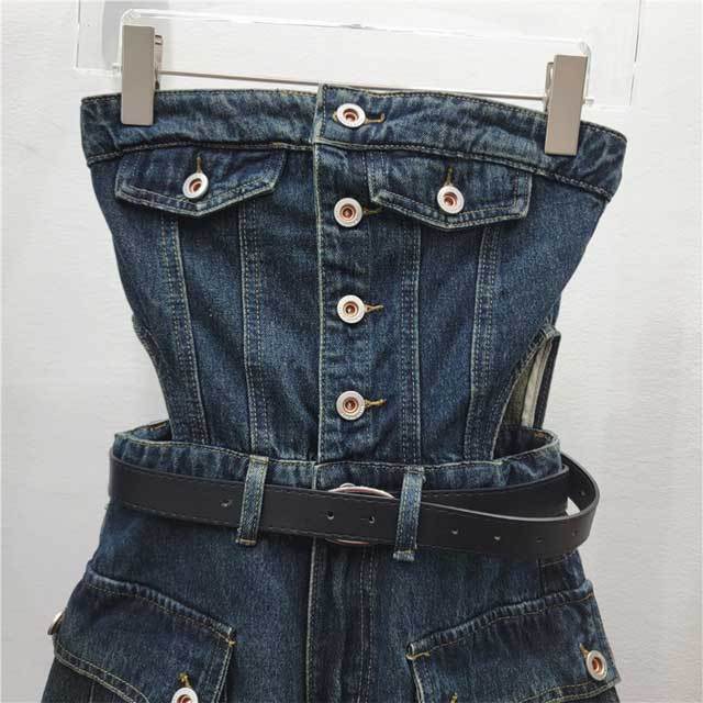 Denim Strapless Cargo Romper