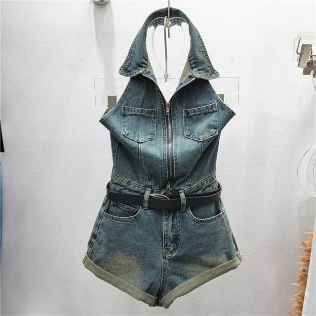 Denim Zipper Halter Romper