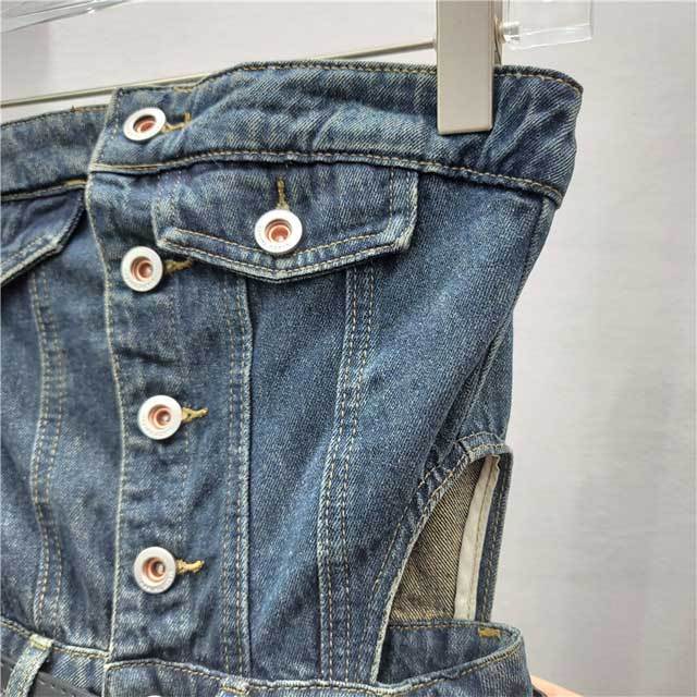 Denim Strapless Cargo Romper