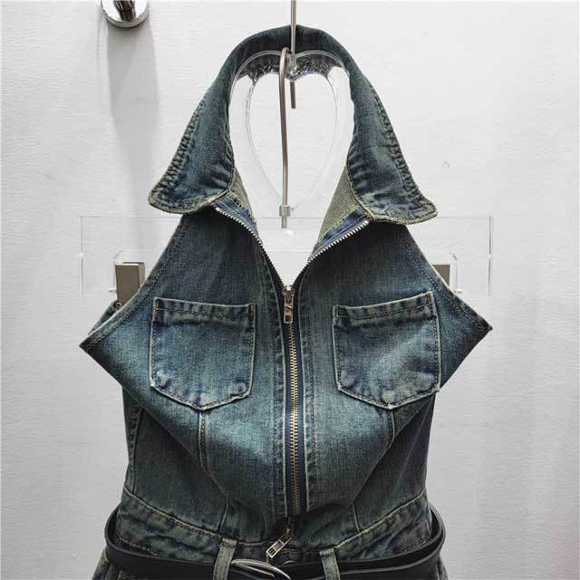 Denim Zipper Halter Romper