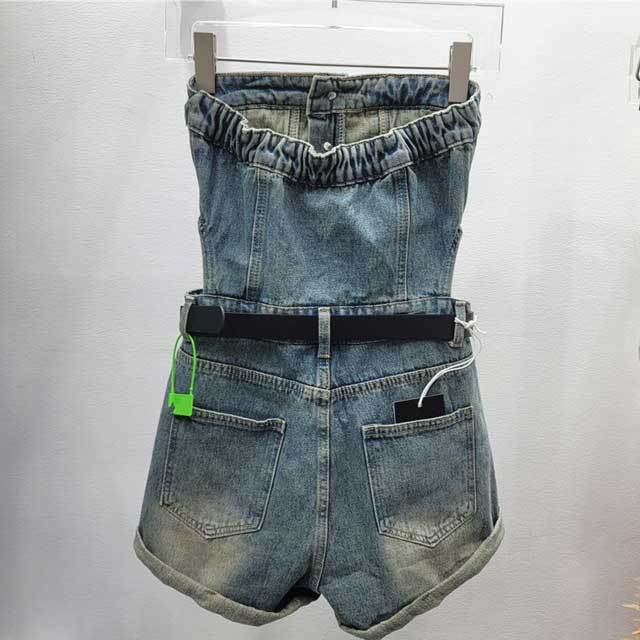Denim Button Strapless Cargo Romper