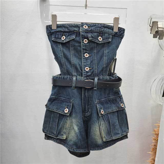 Denim Strapless Cargo Romper