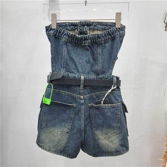 Denim Strapless Cargo Romper